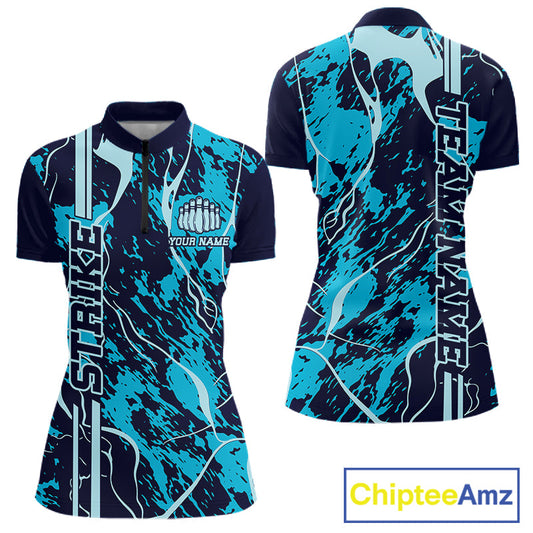 Custom Navy And Cyan Blue Camo Strike Bowling Shirt Women Bowling Team Jersey IPHW10612