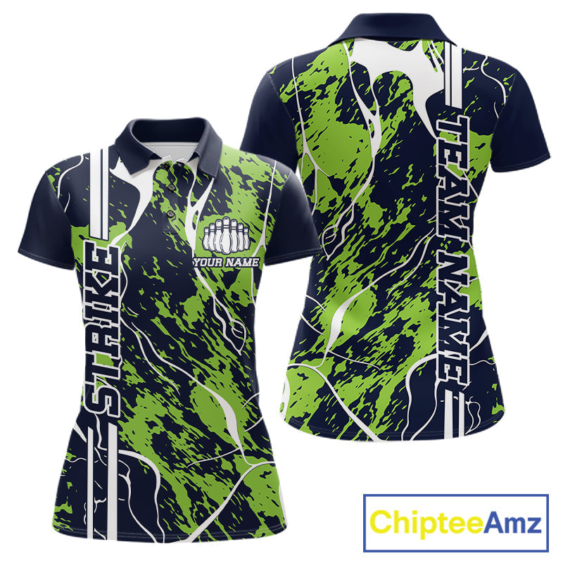 Custom Navy Blue And Green Camo Strike Bowling Shirt, Women Bowling League Team Jerseys IPHW10614