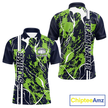Custom Navy Blue And Green Camo Strike Bowling Shirt, Men Bowling League Team Jerseys IPHW10614