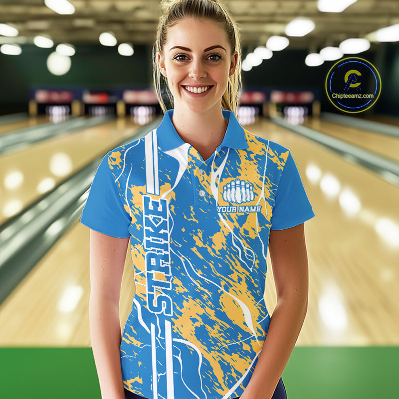 Custom Azure Blue And Yellow Camo Strike Bowling Shirt, Women Bowling League Team Jerseys IPHW10615
