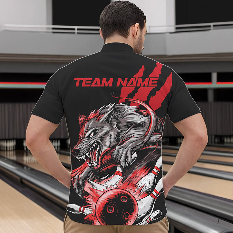 Custom Black And Red Wolf Bowling Men Quarter-Zip Shirts, Wolf Scratch Bowling Team League Shirt IPHW8719
