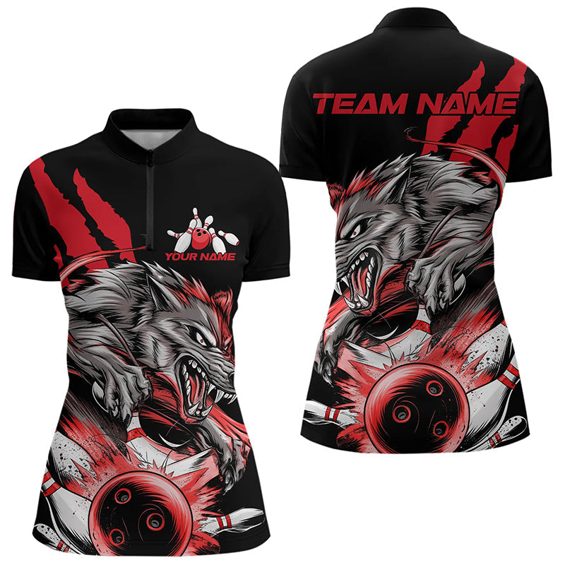 Custom Black And Red Wolf Bowling Women Quarter-Zip Shirts, Wolf Scratch Bowling Team Shirt IPHW8719
