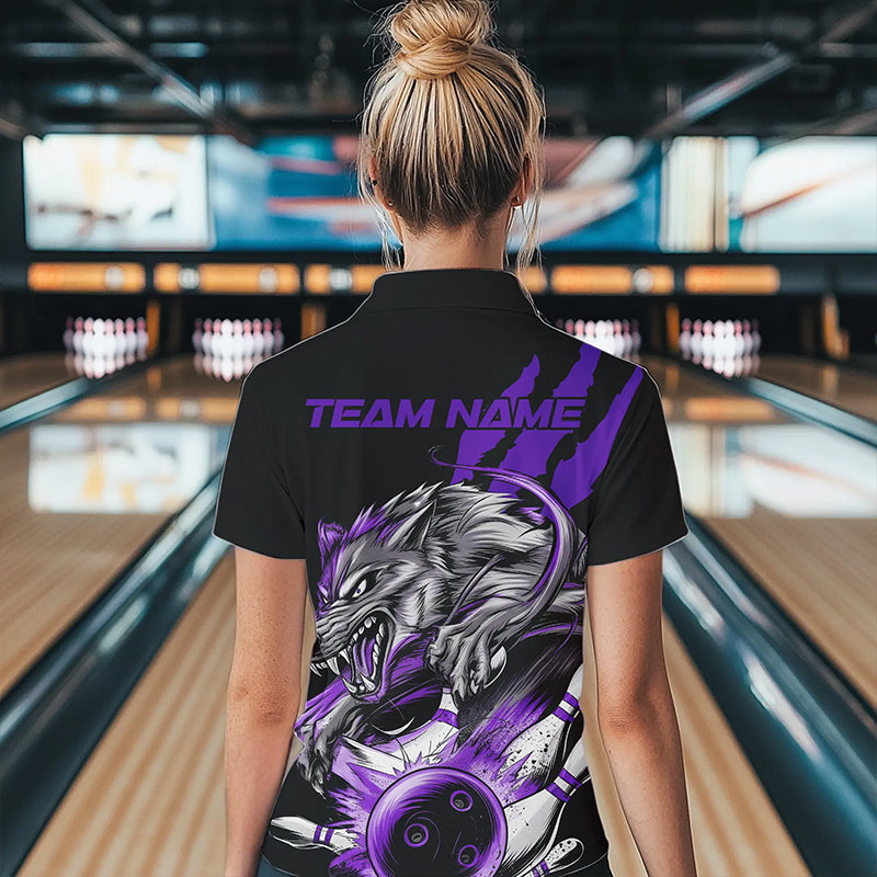 Custom Black And Purple Wolf Bowling Women Polo Shirts, Wolf Scratch Bowling League Shirt IPHW8721