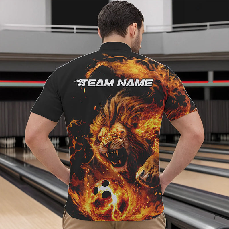 Custom Fire Flame Lion Bowling Team Men Quarter-Zip Shirts, Lion Bowling League Shirt IPHW8976