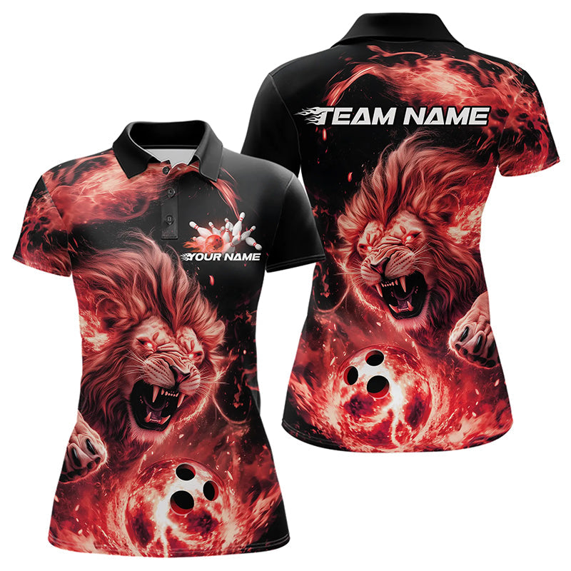 Custom Red Flame Lion Bowling Team Women Polo Shirts, Lion Bowling League Shirt IPHW8977