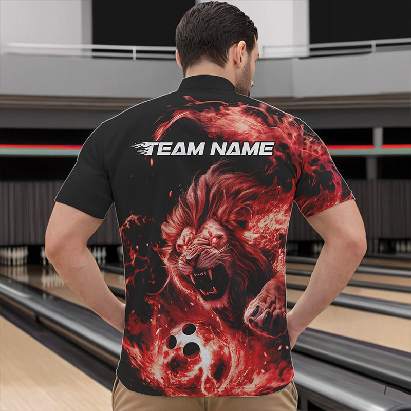 Custom Red Flame Lion Bowling Team Men Quarter-Zip Shirts, Lion Bowling League Shirt IPHW8977