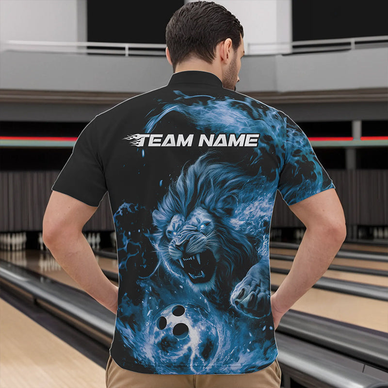Custom Blue Flame Lion Bowling Team Men Quarter-Zip Shirts, Lion Bowling League Shirt IPHW8978