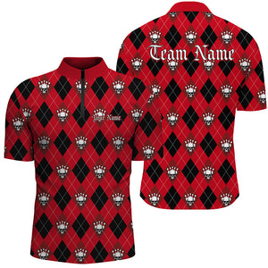 Black And Red Argyle Pattern Custom Skull Bowling Shirts For Men, Halloween Outfit Bowling IPHW7297