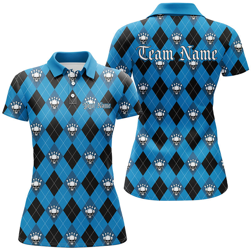 Black And Blue Argyle Pattern Custom Skull Ladies Bowling Shirts, Halloween Outfit Bowling IPHW7298