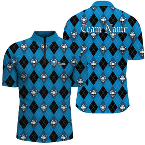 Black And Blue Argyle Pattern Custom Skull Bowling Shirts For Men, Halloween Outfit Bowling IPHW7298