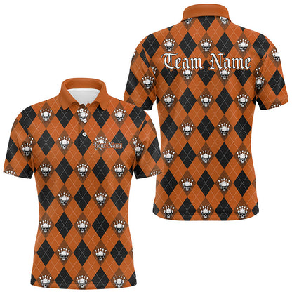 Black And Orange Argyle Pattern Custom Skull Bowling Shirts For Men, Halloween Outfit Bowling IPHW7300