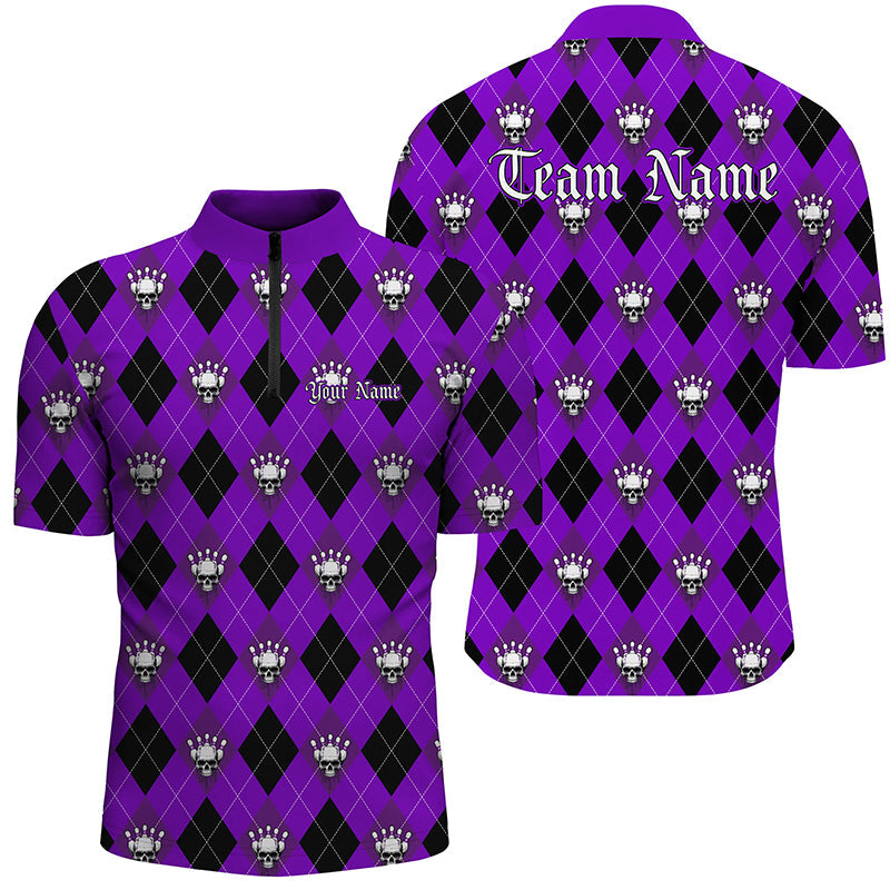Purple Argyle Pattern Custom Skull Bowling Shirts For Men, Halloween Outfit Bowling IPHW7301
