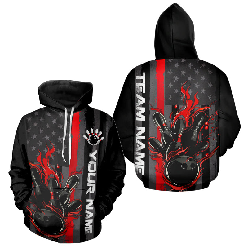 Red Line American Flag Custom Patriotic Flame Bowling Men And Women Hoodie Shirt, Firefighter Bowling IPHW7592