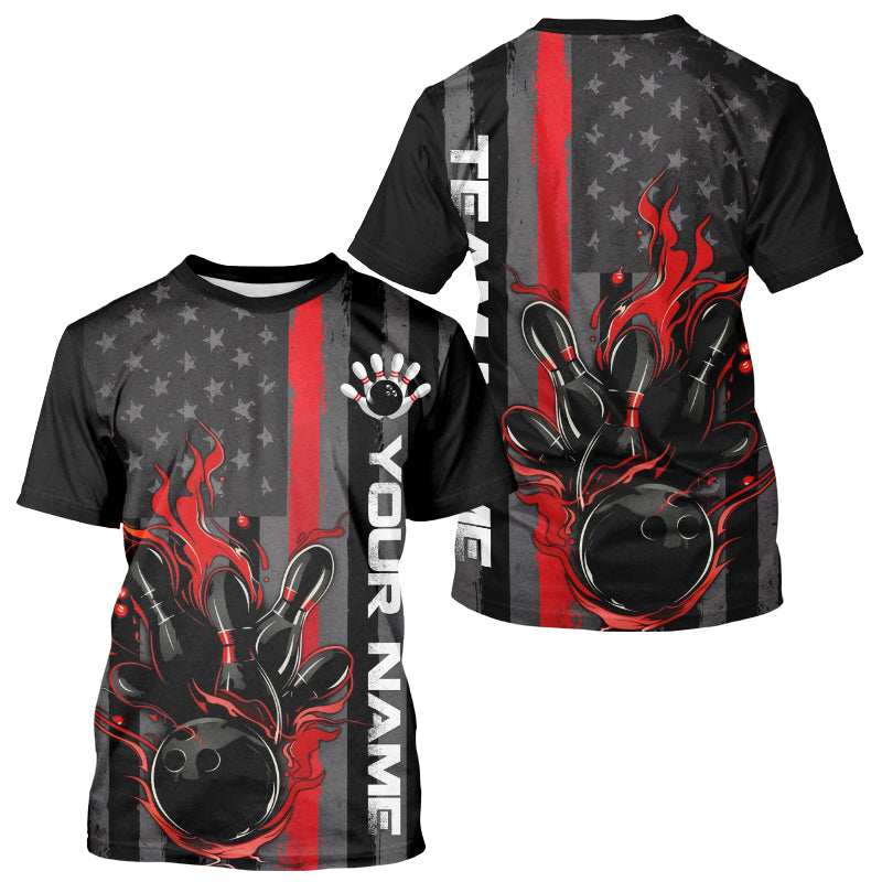 Red Line American Flag Custom Patriotic Flame Bowling Men T-Shirts Shirt, Firefighter Bowling IPHW7592