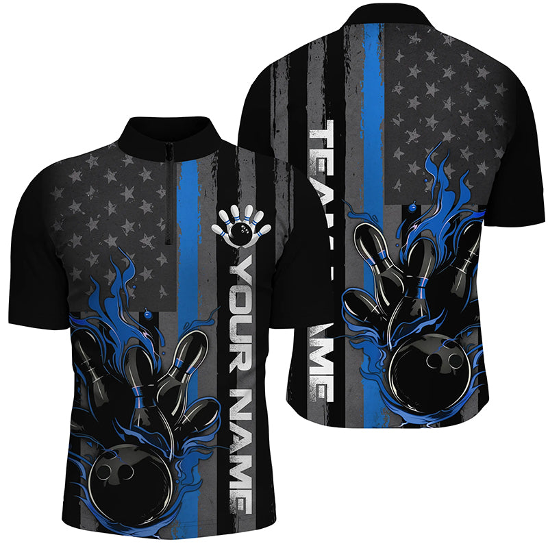 Blue Line American Flag Custom Patriotic Flame Bowling Shirts For Men, Support Bowling Shirt IPHW7593