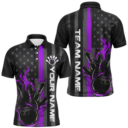 Purple Line American Flag Custom Patriotic Flame Bowling Shirts For Men, Support Bowling Shirt IPHW7594