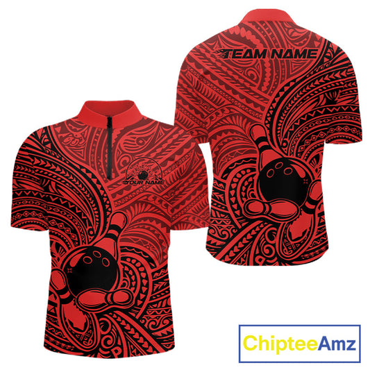 Custom Black And Red Traditional Samoan Tribal Polynesian Pattern Bowling Men Shirt IPHW10325