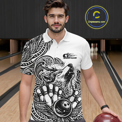 Custom Black And White Tribal Pattern Maori Style Wolf Bowling Team Men Polo Shirts IPHW10330