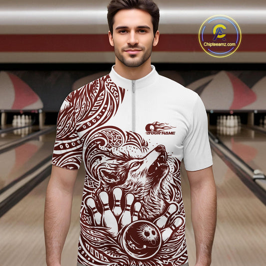 Custom Burgundy Tribal Pattern Maori Style Wolf Bowling Team Men Quarter-Zip Shirts IPHW10332