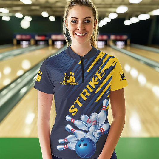 Custom Blue And Yellow Bowling Jerseys, Bowling Team Womens Quarter-Zip Shirts IPHW8530