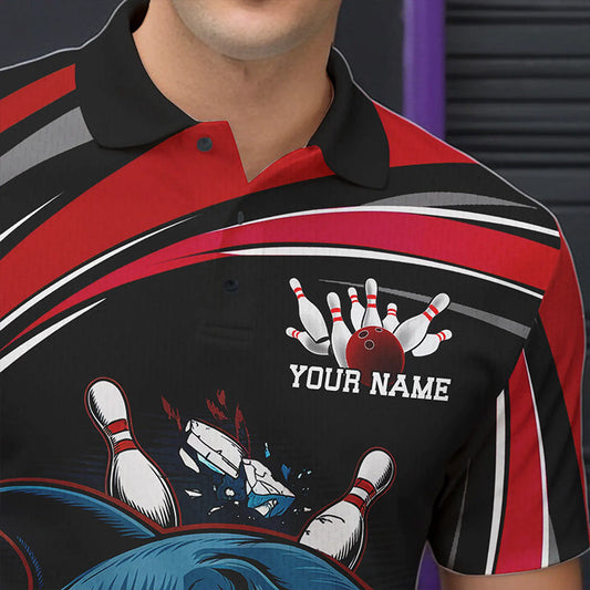 Black And Red Custom Shark Bowling Team Polo Shirts For Men, Shark Bowling League Shirt IPHW8726