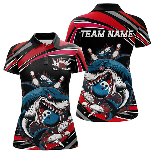 Black And Red Custom Shark Bowling Team Polo Shirts For Women, Shark Bowling League Shirt IPHW8726