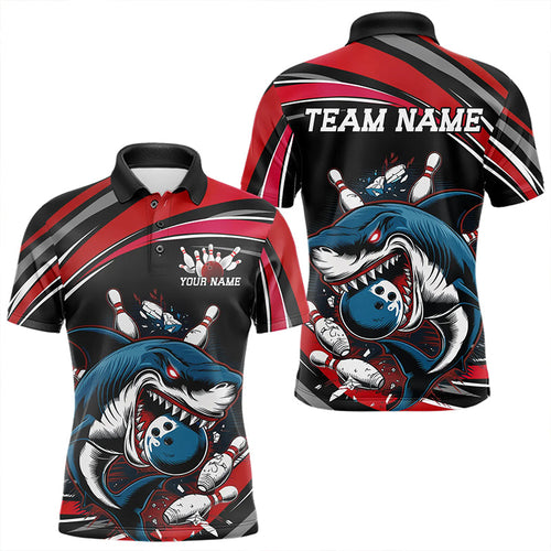 Black And Red Custom Shark Bowling Team Polo Shirts For Men, Shark Bowling League Shirt IPHW8726