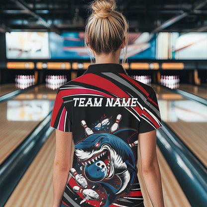 Black And Red Custom Shark Bowling Team Women Quarter-Zip Shirt, Shark Bowling League Shirt IPHW8726