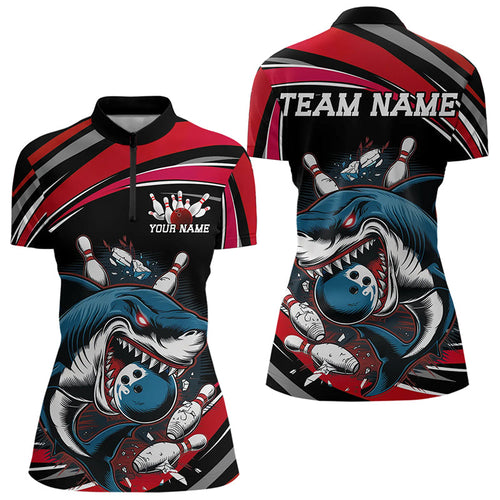 Black And Red Custom Shark Bowling Team Women Quarter-Zip Shirt, Shark Bowling League Shirt IPHW8726