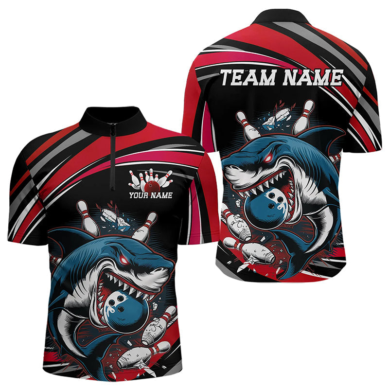 Black And Red Custom Shark Bowling Team Quarter-Zip Shirts For Men, Shark Bowling League Shirt IPHW8726