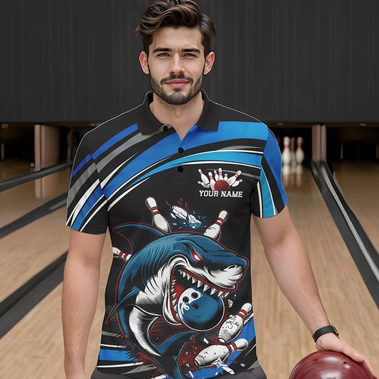 Black And Blue Custom Shark Bowling Team Polo Shirts For Men, Shark Bowling League Shirt IPHW8727