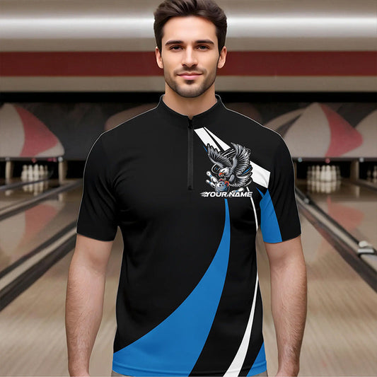 Custom Black And Blue Eagle Bowling Men Quarter-Zip Shirts, Eagle Bowling Team Jerseys IPHW8733