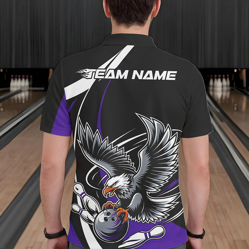 Custom Black And Purple Eagle Bowling Men Polo Shirts, Eagle Bowling Team Jerseys IPHW8734