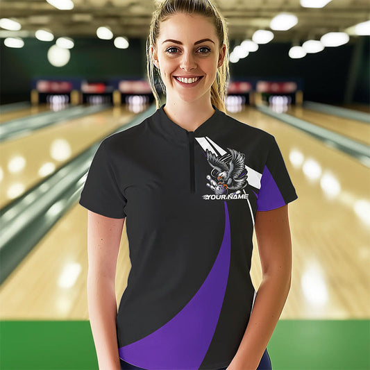 Custom Black And Purple Eagle Bowling Women Quarter-Zip Shirts, Eagle Bowling Team Jerseys IPHW8734