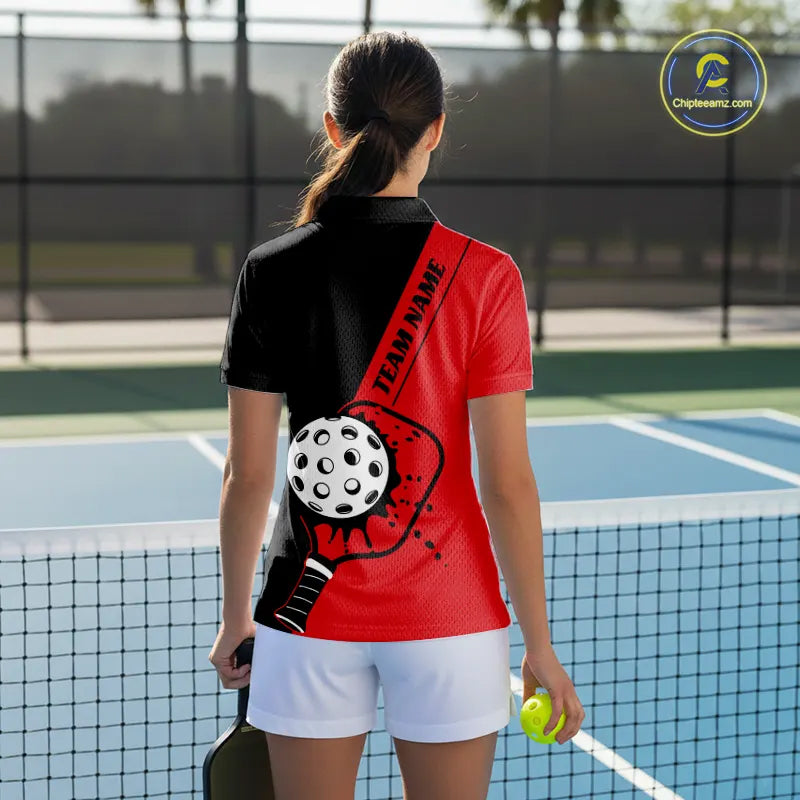 Black And Red Custom Pickleball Team Shirts For Women, Pickleball Jersey Outfit IPHW10821