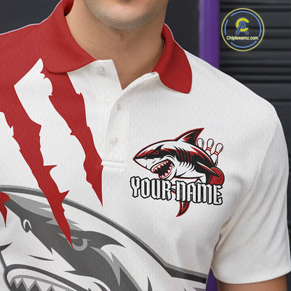 Custom White And Red Shark Jerseys, Shark Bowling Team Men Polo Shirts Bowlers Outfit IPHW8987