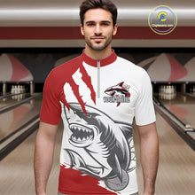 Load image into Gallery viewer, Custom White And Red Shark Jerseys, Shark Bowling Team Men Quarter-Zip Shirts Bowlers Outfit IPHW8987