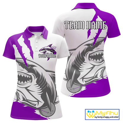 Custom White And Purple Shark Jerseys, Shark Bowling Team Women Polo Shirts Bowler Outfit IPHW8988