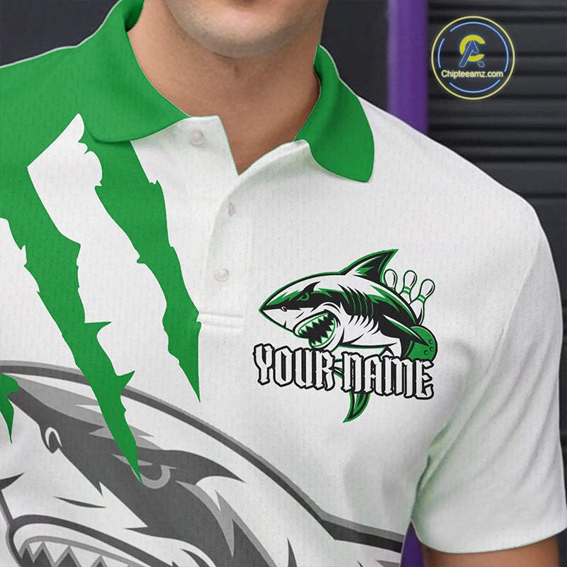 Custom White And Green Shark Jerseys, Shark Bowling Team Men Polo Shirts Bowlers Outfit IPHW8989