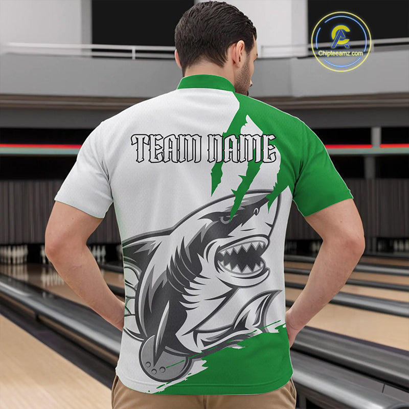 Custom White And Green Shark Jerseys, Shark Bowling Team Men Quarter-Zip Shirts Bowlers Outfit IPHW8989
