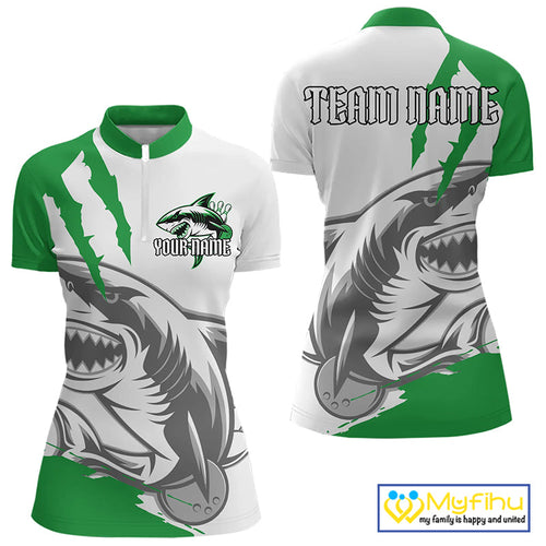 Custom White And Green Shark Jerseys, Bowling Team Women Quarter-Zip Shirt Bowlers Outfit IPHW8989