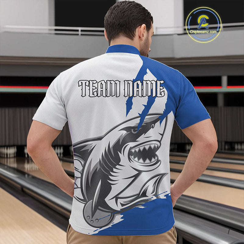 Custom White And Blue Shark Jerseys, Shark Bowling Team Men Quarter-Zip Shirts Bowlers Outfit IPHW8990