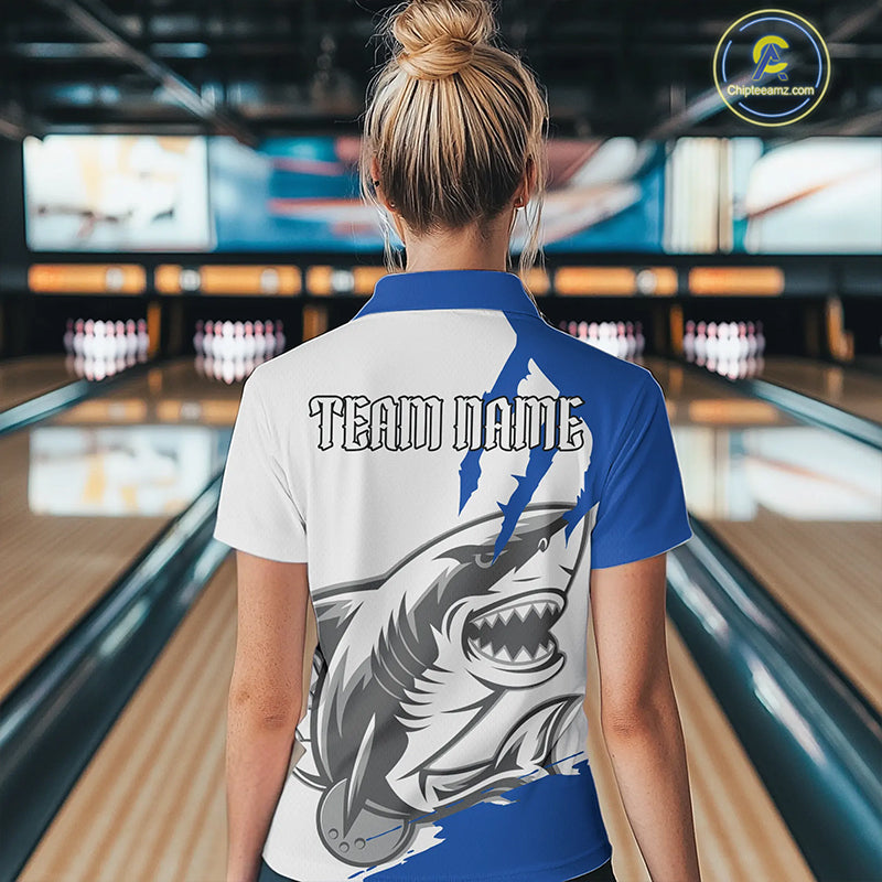 Custom White And Blue Shark Jerseys, Bowling Team Women Quarter-Zip Shirts Bowlers Outfit IPHW8990