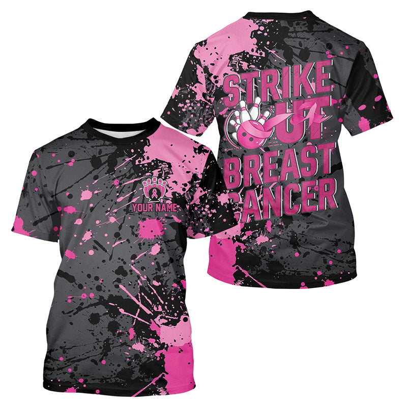 Black And Pink Strike Out Breast Cancer Pink Ribbon Custom Bowling Men T-Shirts IPHW7048
