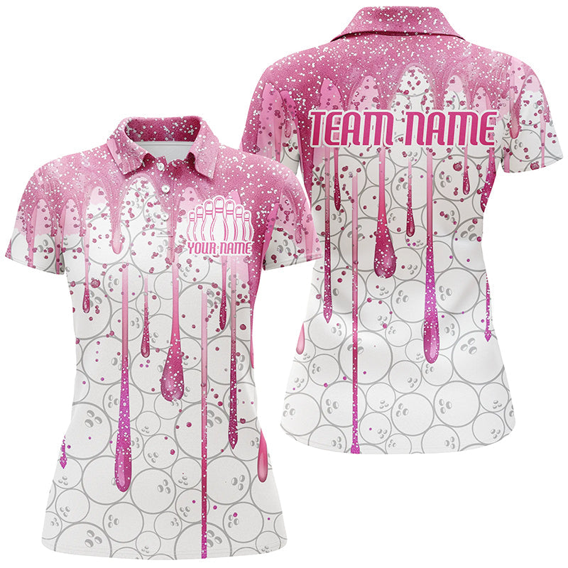 3D Pink Glitter Pink Ribbon Pattern Custom Breast Cancer Bowling Polo Shirts For Women IPHW7051