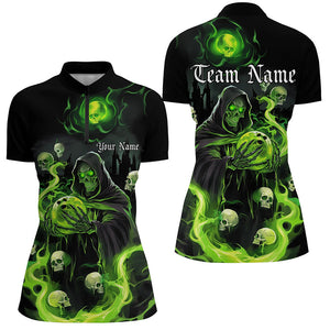 Black And Green Flame Grim Reaper Custom Halloween Ladies Bowling Shirts, Bowlers Outfits IPHW7611