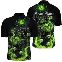 Load image into Gallery viewer, Black And Green Flame Grim Reaper Custom Halloween Bowling Shirts For Men, Team Bowlers Outfits IPHW7611