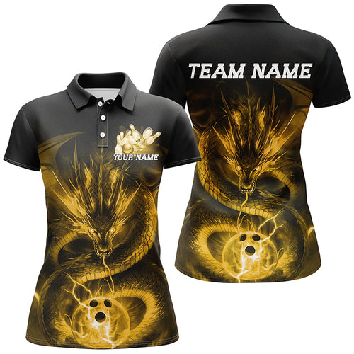 Black And Gold Custom Dragon Ladies Bowling Shirts, Bowling Team Uniform Bowler Outfits IPHW7617