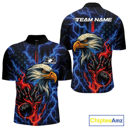 Custom Red And Blue Lightning Flame Eagle Men Bowling Shirt, Patriotic US Team Shirt IPHW10171