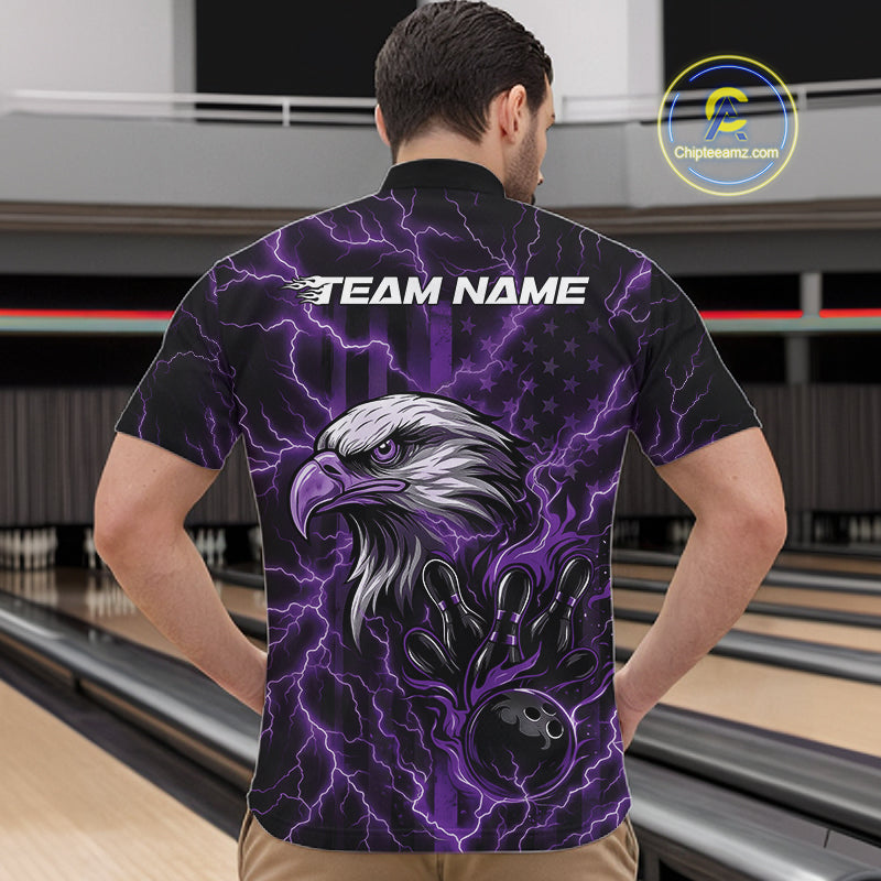 Custom Purple Lightning Flame Eagle Men Bowling Shirt, Patriotic US Team Shirt IPHW10175